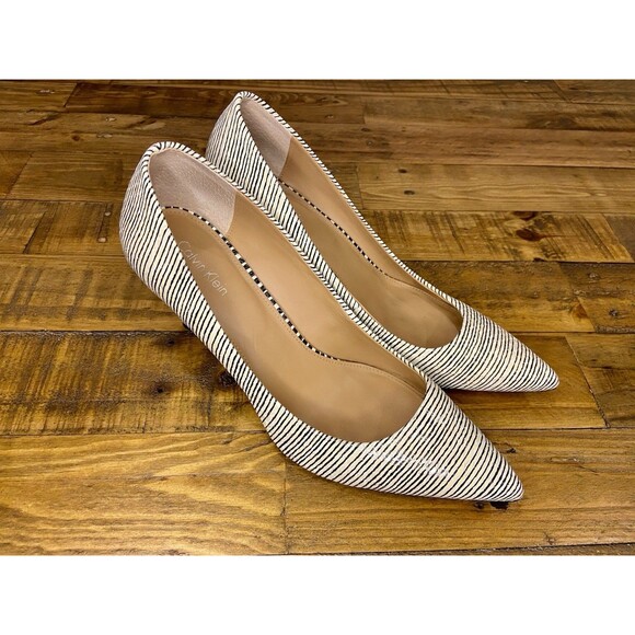 Calvin Klein Women’s Pointed Toe Pumps Black & White Stripe Classic Dress Heels - Picture 1 of 9